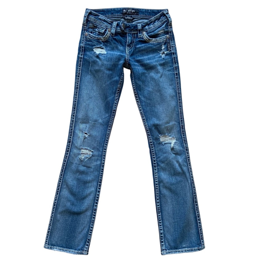 Silver jeans style Tuesday Low baby boot size 25 distressed ripped stretch denim